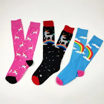 Дамски Памучни Чорапи С Единорогом, Розови Преливащи Високи Чорапи Креативен Дизайн