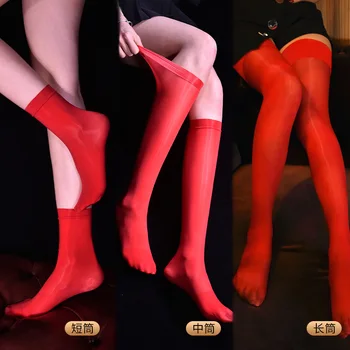 Секси Дамски Маслени Лъскави Високи Чорапи С Ярки Цветове, На Реколтата, На Лъскави Чорапи, Секси Прилепнали Ластични Чорапи, Чорапи До Прасците