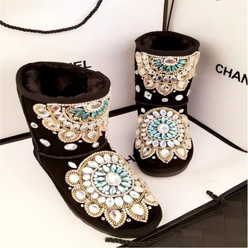 Ръчно изработени, сгъстено нескользящие топли зимни обувки с кристали и скъпоценни камъни, дамски кожени обувки със средна дължина, дамски обувки големи размери 35-44