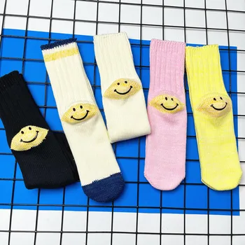 Дебели терлици средна дължина на Ивици с смайликом, с цветни вложки, модни шарени мъжки и дамски чорапи със средна дължина, модни чорапи, сладък