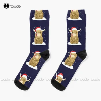 Шотландският Високият Крава в Коледни Снежни Чорапи Мъжки Цветни Чорапи Коледен Подарък За Нова Година Креативни, Забавни Чорапи Нови Популярни