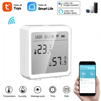 Sasha Smart life WIFI Сензор за температура и влажност на въздуха, Влагомер За стая, Термометър С LCD Дисплей, Поддръжка на Алекса Google Home