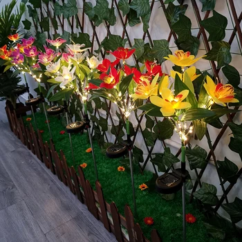 2 елемента 7 Глави на Слънчевата Led Имитация на Орхидеи Светлина Открит Водоустойчив Цветя Градински Брой Пейзаж Вила Ограда Лампа