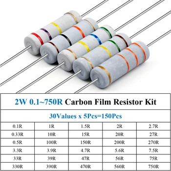 150шт 2 W 0,1 ~ 750R Въглероден Филмът Резистор Асорти Комплект 30 стойности на x 5шт = 150шт Образец на Комплект за Цветно Съпротива Пръстени