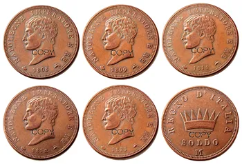 Комплект (1808-1813) 5ШТ на Италианското кралство СВЕТИ Наполеон I 1 СОЛЬДО, Изпълнен в копия медни монети