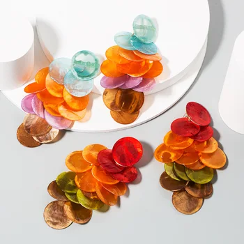Модерен и преувеличени цветни обеци Za от естествена мивки, женски многослойни обеци с пискюли в формата на кръг, вечерни бижута
