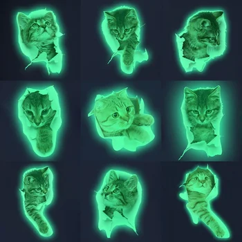 Карикатура Нажежен Котка 3D Стикери За Стена За Детски Стаи Начало Декор Баня Водоустойчиви Флуоресцентни Етикети Светещи В Тъмното Етикети