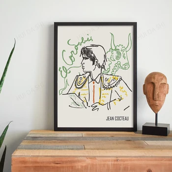 Плакат на Жан Кокто, Арт фигура линиите на лицето, Принт Сканди, Художествена изложба в MOMA, Плакат с принтом върху платно.