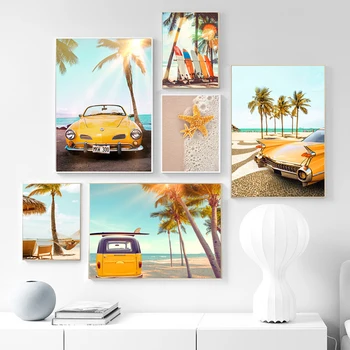 Модерна Кокосова Палма Момиче Жълта Кола Изкуство, С Монтиран На Стената Плакат На Слънцето Плажна Стол Сърф Платно Картина За Декорация На Дома Стаите В Куадрос Куадро
