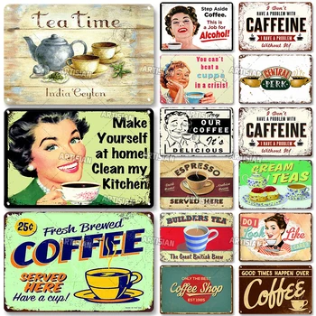 Ретро Кафе Метален Твърд Знак Декоративна Чиния Ретро Teatime Метален Плакат Домашен Бар Кафе Начало Декор Стари Стенни Метални Знаци